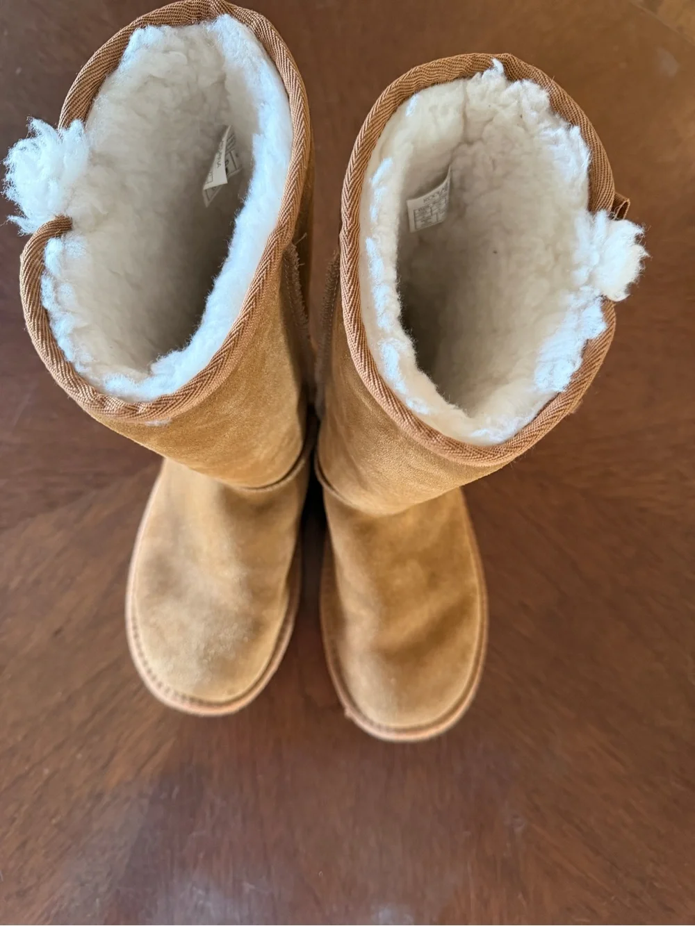 Koolaburra Chestnut Suede Mid-Calf Shearling Boots with Side Bows